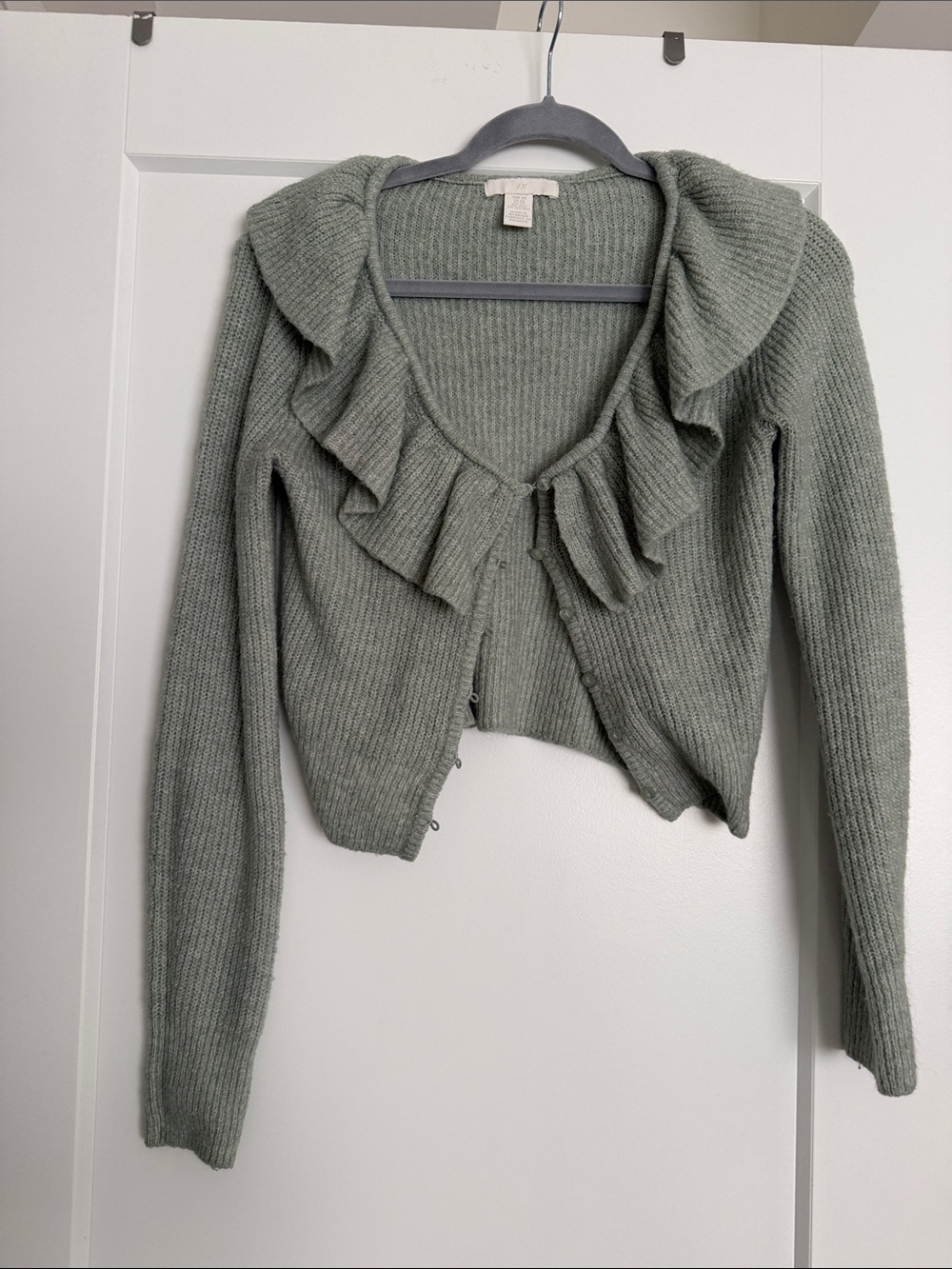 H&M Sage Green Ruffled V-Neck Cropped Cardigan